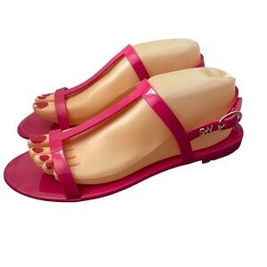 Stuart Weitzman Sandals 9 Pink Jelly Rubber Ankle T-Strap Mellie Resort